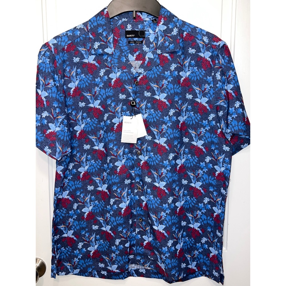 NWT Quieti Mens L Blue Red Floral Tropical Linen Tencel Short Sleeve Button Up